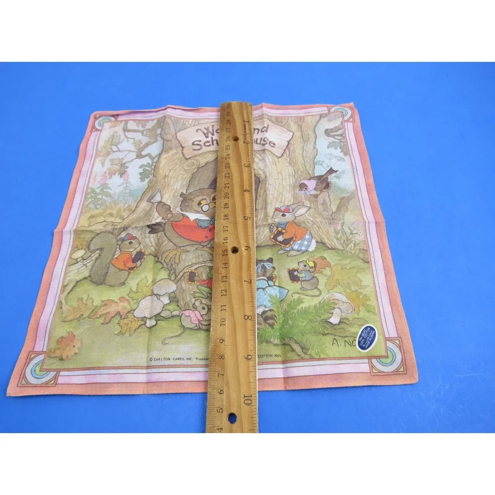 Vintage Carlton Cards Woodland Schoolhouse Fabric Scarf Hankerchief